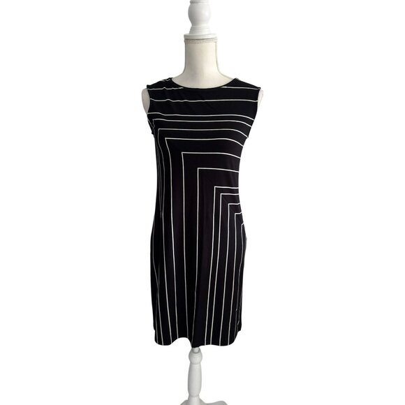 WHITE HOUSE BLACK MARKET WHBM Black White Geometric Everyday Cotton Blend Dress - Picture 4 of 7